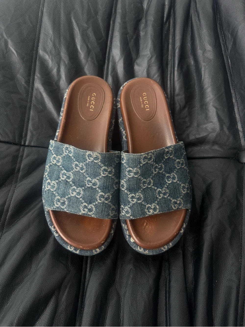 Gucci Denim GG Logo Slide Sandals - Blue